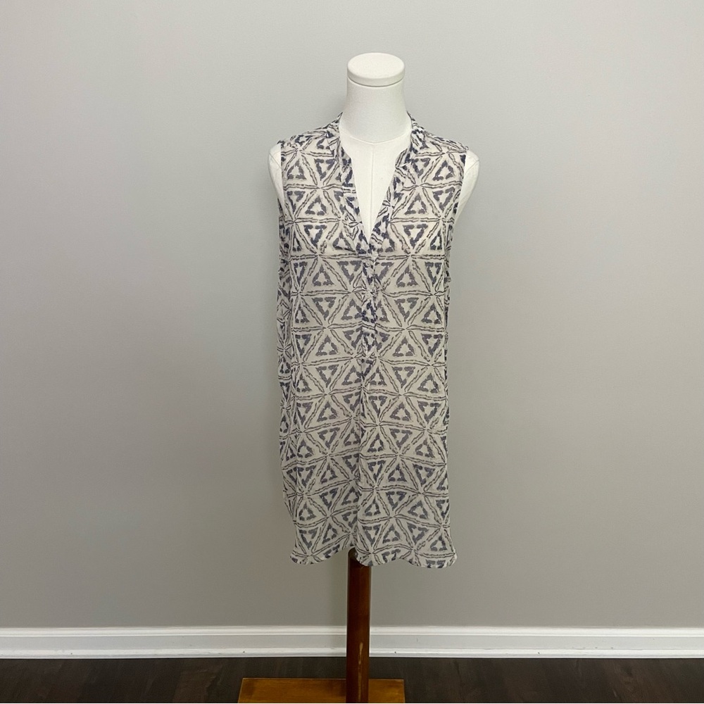 Lumiere Top Tunic Sheer Split Neck Collar Lagenlook Geometric Blue Tan Ivory